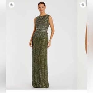 Mac Duggal Green Sequined High Neck Sleeveless Column Gown Olive Sequin size 2